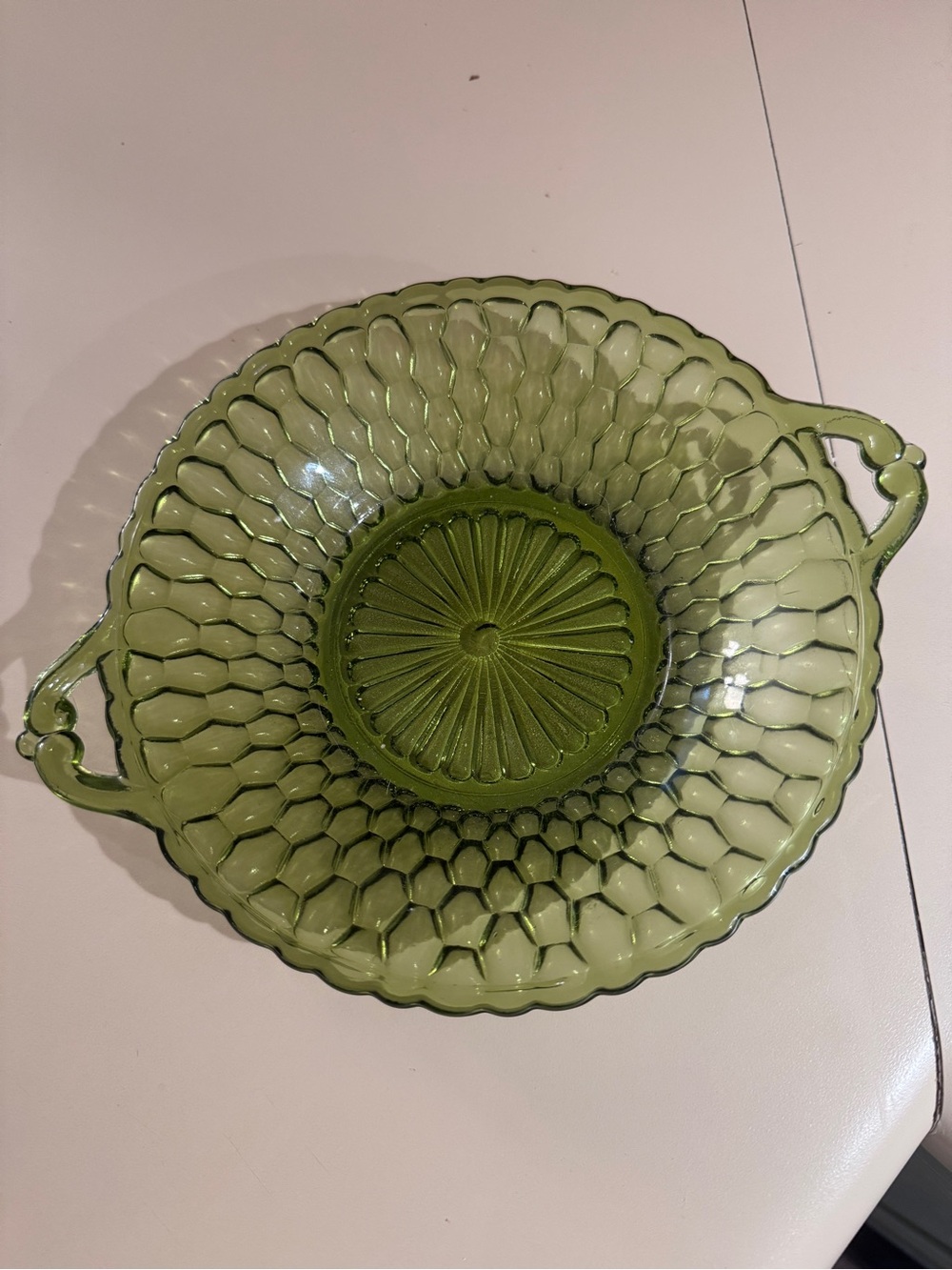 Green Glass Serving Bowl with Handles Small